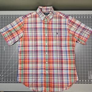 Polo Ralph Lauren Shirt Medium Orange Blue Plaid Feather Weight Madras Preppy